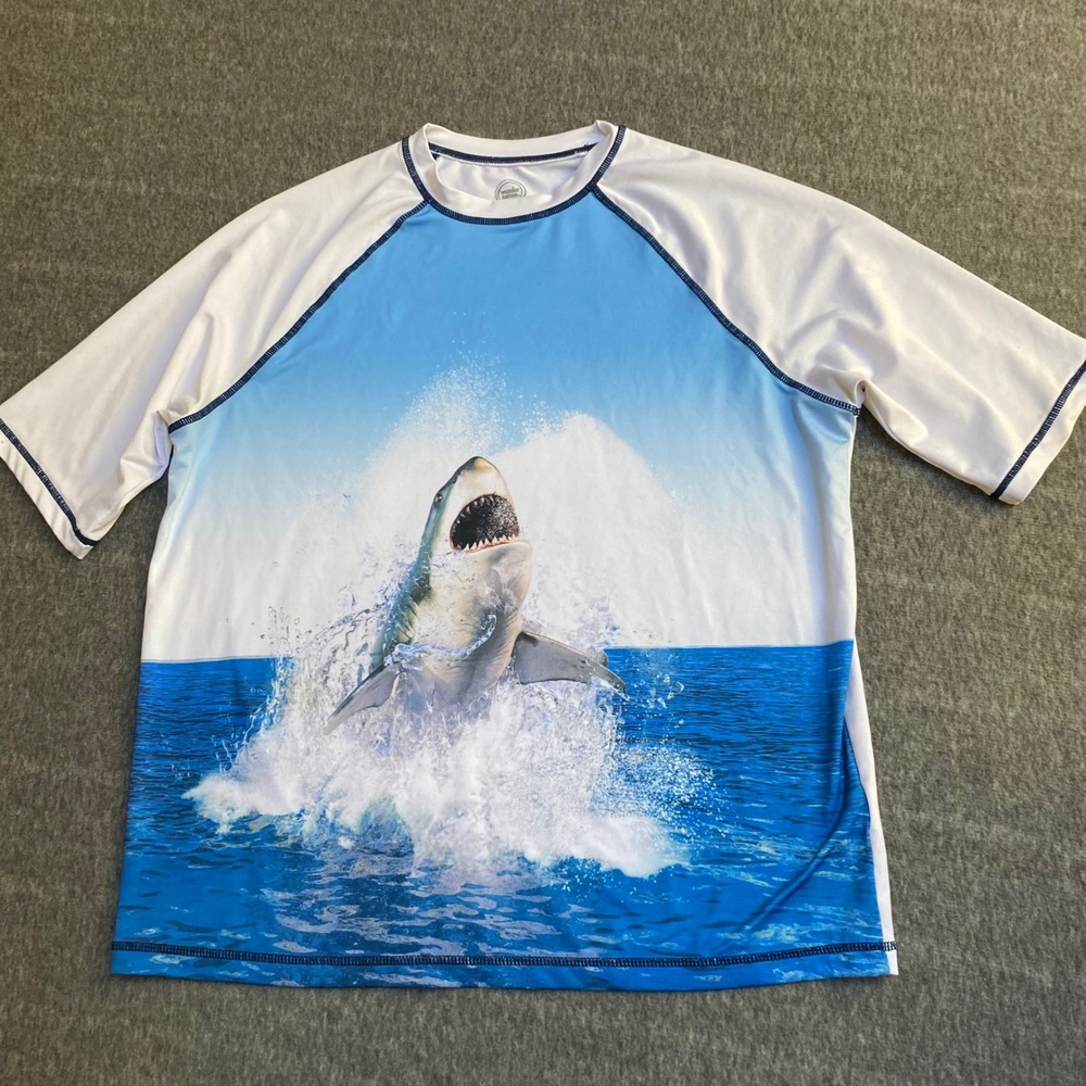 Wonder Nation Boys Shark Rash Guard Swim Shirt Blue White XXL 18 Great White